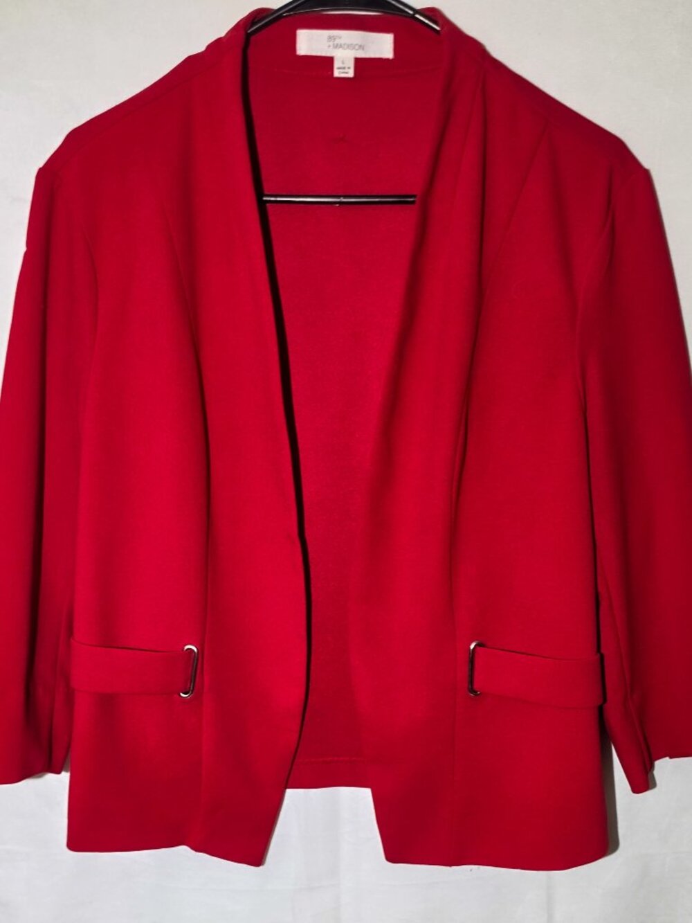 89th & Maddison Womens Red Blazer Jacket 3/4 Gathered Sleeve Open Front